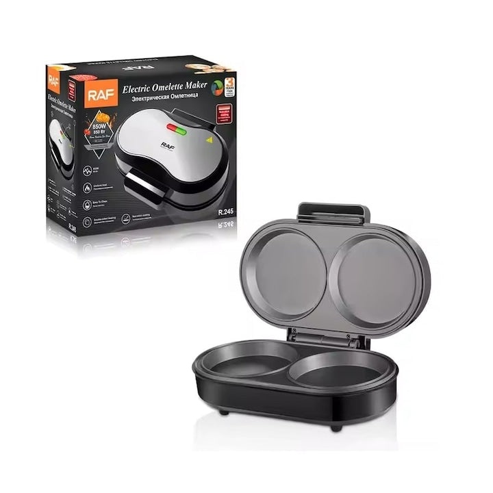 Aparat electric pentru burgeri/omleta/waffles/sandwich, RAF R245, 850 W, 28x23x16 cm, negru