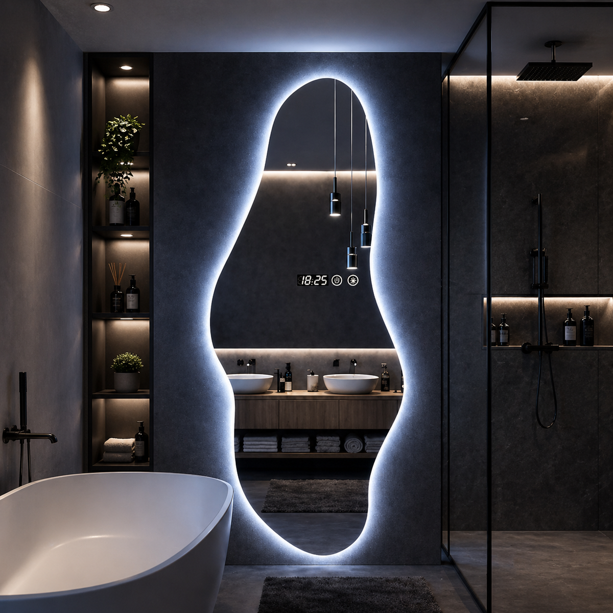 Oglinda LED forma asimetrica 55x180 cm iluminare 3 culori touch ceas digital