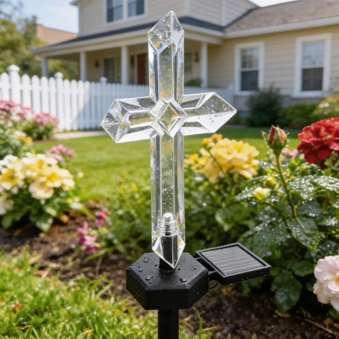 Set 4 Cruci Solare Decorative LED Alb Cald pentru Gradina si Cimitir Iluminare Automata - detaliu produs