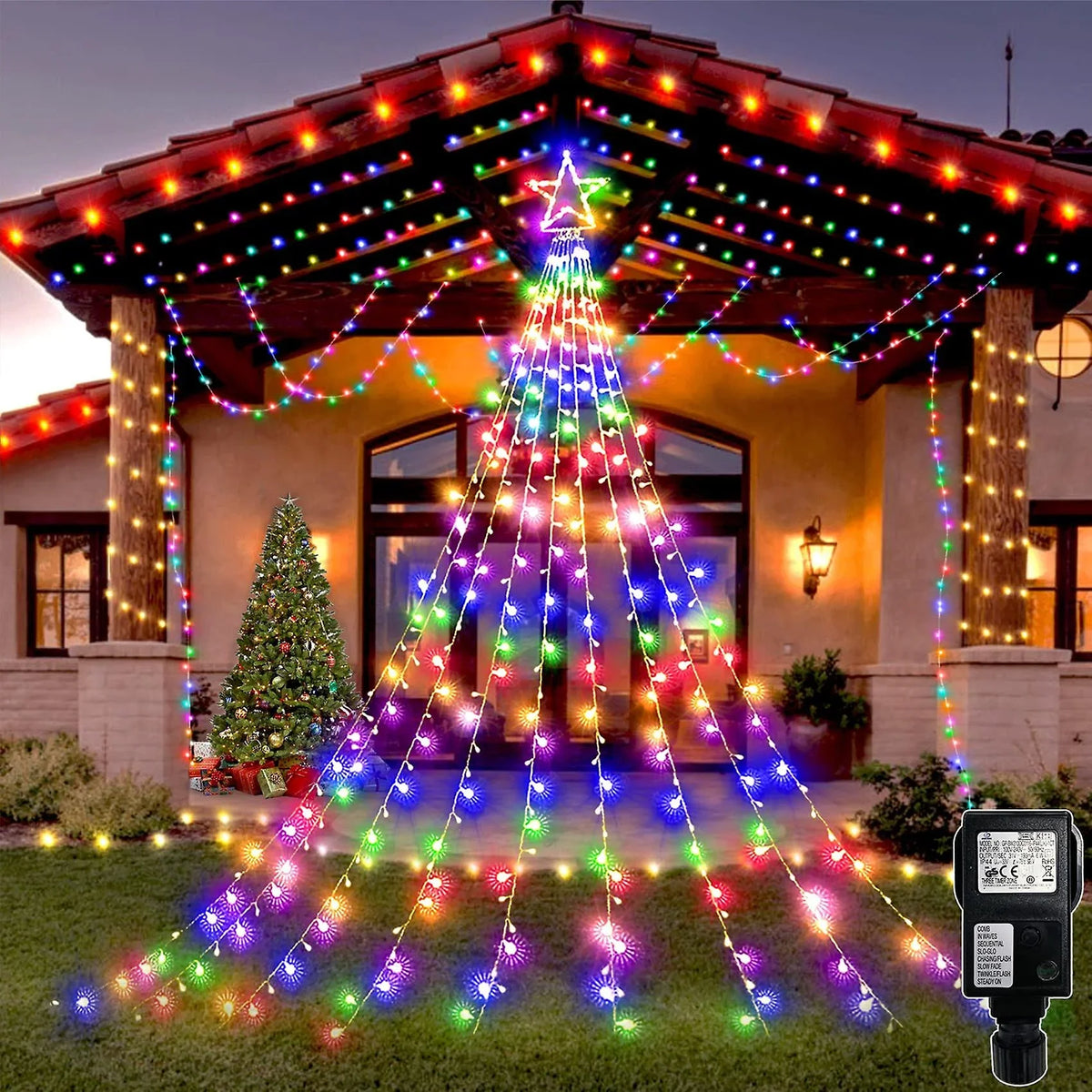 Instalatie Perdea cu varf de Stea Luminoasa 350 LED cu 9 Siruri, Alimentare la Priza, Decor Craciun