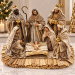 Statuetă Nașterea Domnului Premium din Rășină, Set cu 7 Figurine, 28 × 14 × 36 cm, Decor Crăciun Crem-Auriu