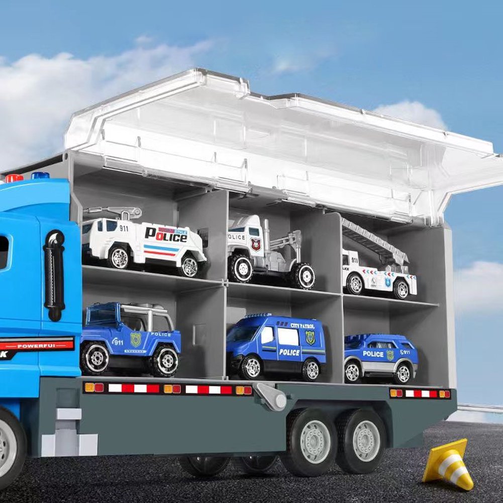 Camion Transport Masini Politie cu 6 Masinute Metalice Lansator Rampa si Compartimente Jucarie Copii