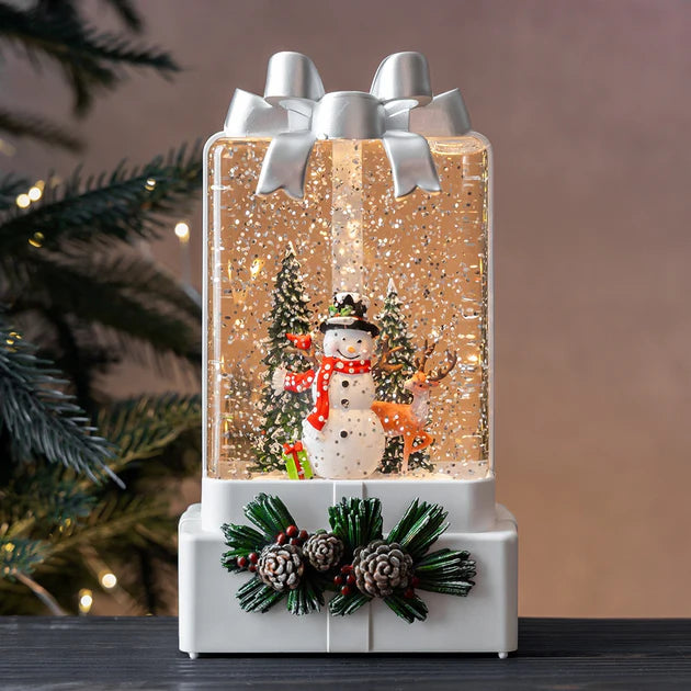 Lampa decorativa Craciun cu lumina si muzica Mos Craciun sau Om de zapada „Fundita festiva”, 18 cm