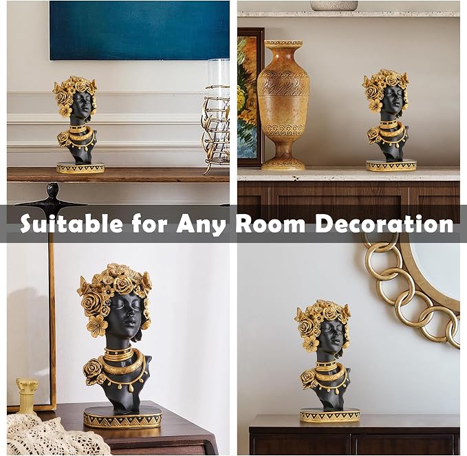Statueta Africana Bust Negru Auriu Decorativ Raze Flori Trandafiri Luxury 35cm - detaliu produs