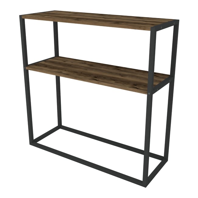 Masă consola decorativa cu 2 rafturi, 90x90x33,5 cm, efect stejar și cadru metalic