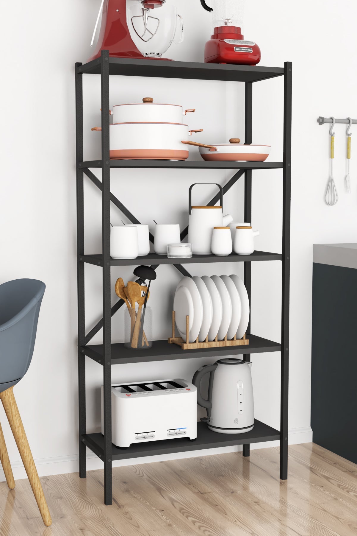 Raft Metalic de Bucatarie cu 5 Polite, PAL 18 mm, 66 x 35 x 158 cm