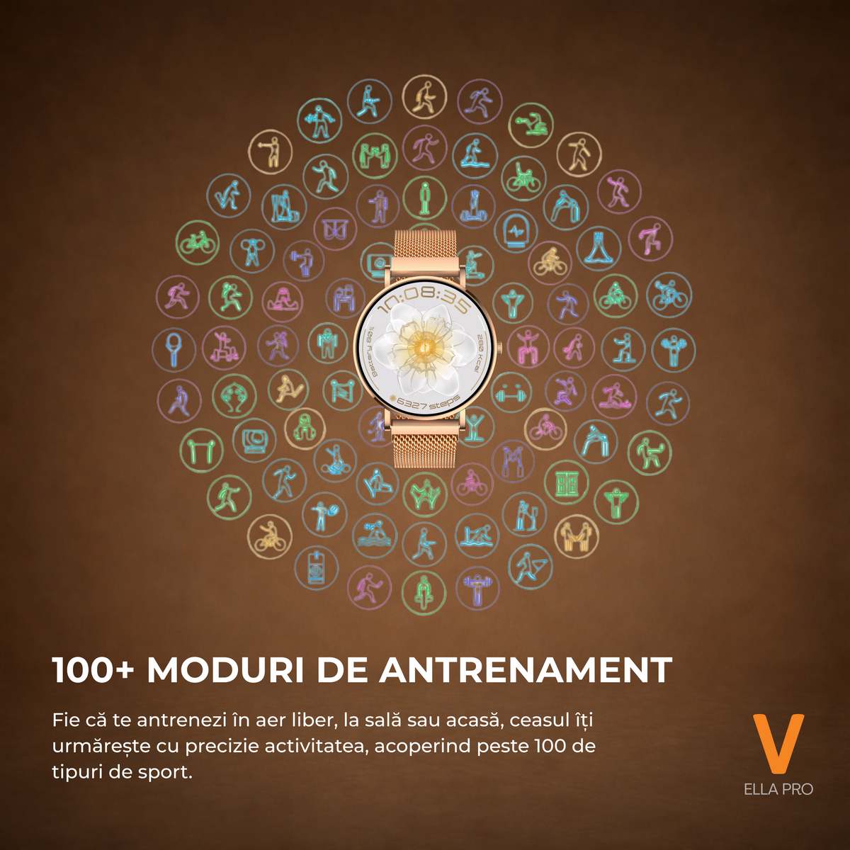 Ceas Smartwatch Dama ELLA PRO Vivendo®, Ecran AMOLED 1.32", Fitness, Apel Bluetooth, Notificari Limba Romana, ChatGPT AI, Incarcare Wireless, Rezistent Apa IP68, 2 Curele Incluse