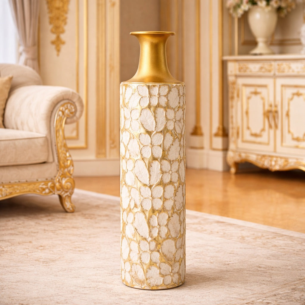 Vaza decorativa de podea 71 cm din metal alb si auriu model floral elegant