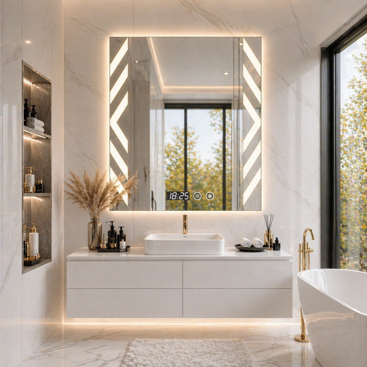 Oglinda LED Baie 60x80 cm cu Touch, Dezaburire, Ceas Digital si Iluminare 3 Culori