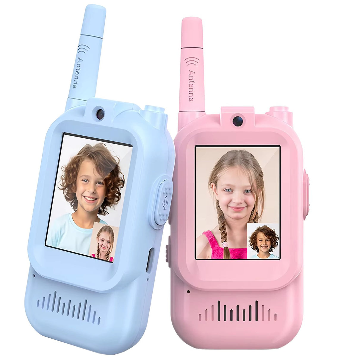 Set 2 Walkie Talkie VisionHub cu Video 480P HD Ecran 2.0 Inch Raza 300m Roz Albastru - detaliu produs