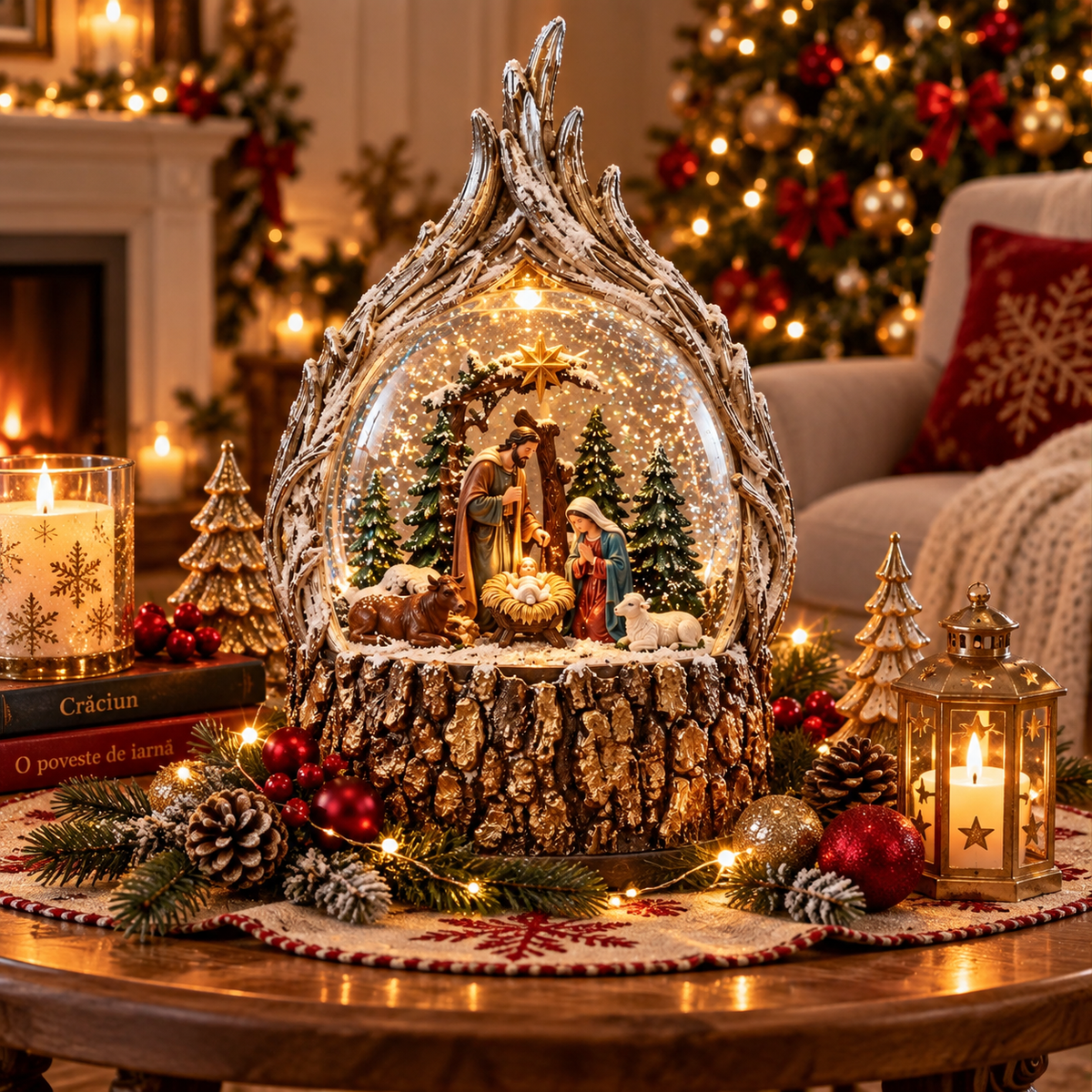 Decorațiune de Crăciun Premium cu Nașterea Domnului, Iluminare și Efect de Ninsoare în Mișcare – 18,5 × 11 × 25 cm - detaliu produs