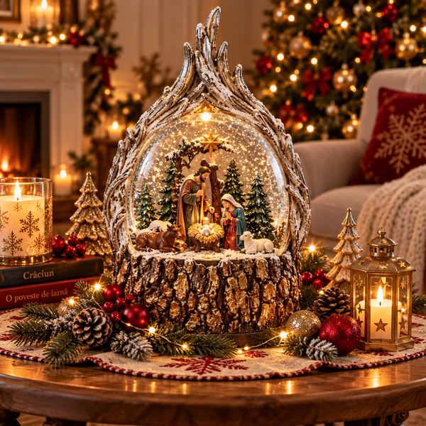 Decorațiune de Crăciun Premium cu Nașterea Domnului, Iluminare și Efect de Ninsoare în Mișcare – 18,5 × 11 × 25 cm - in context de utilizare