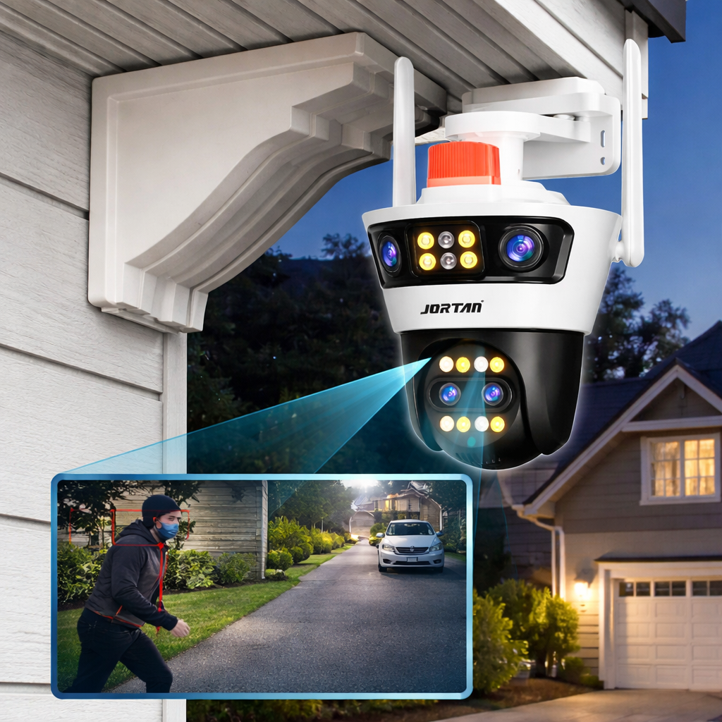 Camera supraveghere WiFi Jortan dubla 12MP PTZ, 4 lentile, vedere nocturna color, detectie miscare, audio bidirectional, IP66