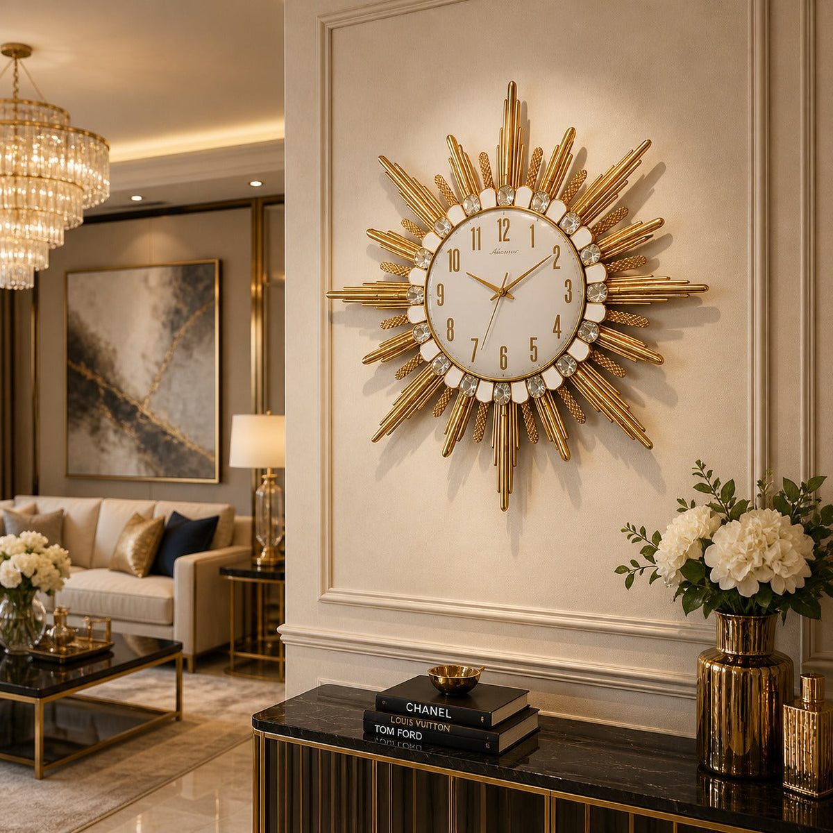 Ceas de perete decorativ auriu 87 cm, model elegant cu efect luxury