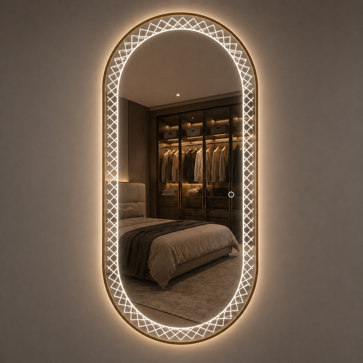 Oglinda LED Premium 120x70 cm Ovala Iluminare Ambientala 3 Culori Touch Design Elegant cu Model Decorativ