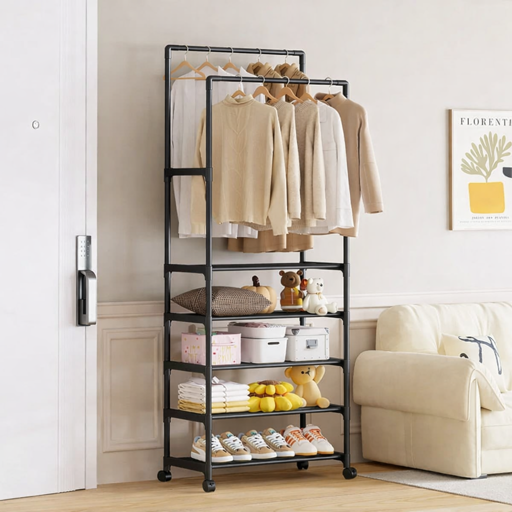 Suport multifunctional haine si incaltaminte cu rafturi si bara umerase 185x56x30 cm