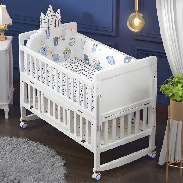 Patut bebelusi din lemn stil scandinav cu roti, laterale de protectie, set 5 piese si baldachin, alb 125 x 70 x 100 cm