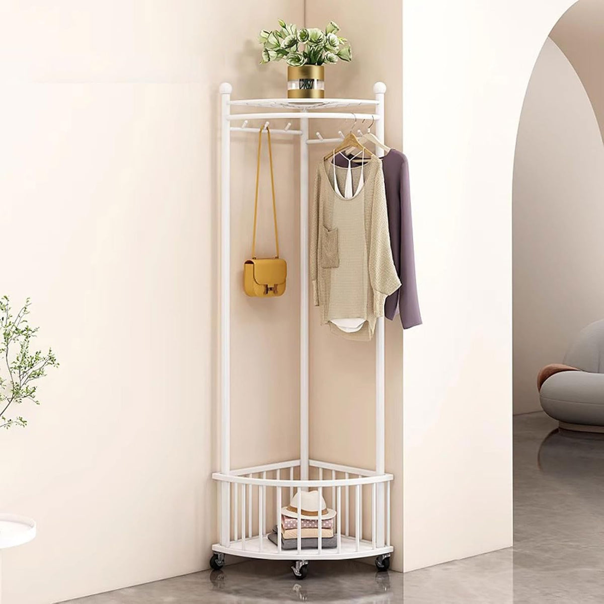 Cuier de colt multifunctional cu roti,metalic, auriu, 40 x 40 x 160 cm
