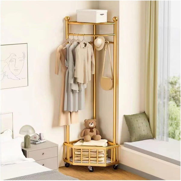 Cuier de colt multifunctional cu roti,metalic, auriu, 40 x 40 x 160 cm