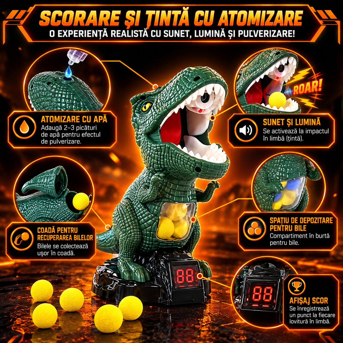 Jucarie Interactiva Tragere la Tinta Dinozaur cu Tinte Mobile, 2 Pusti, 24 Mingi Spuma, Pulverizare Apa, Ecran LED Scor, Copii 5-12 ani - detaliu produs