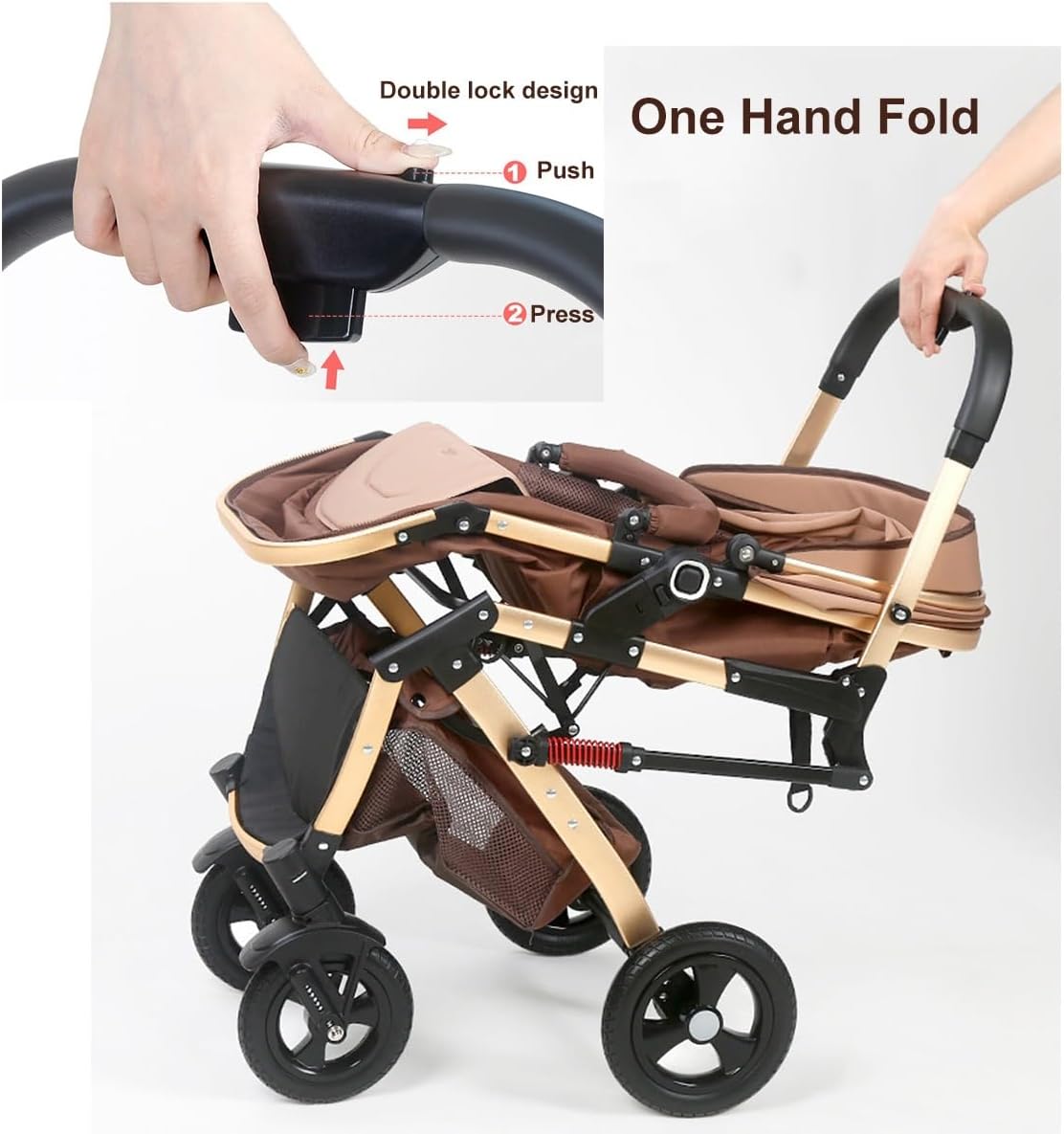 Carucior Bebelusi 2 in 1 Premium, Pliabil, cu Roti Cauciuc si Suspensii, Transformabil Landou-Sport, Cos Depozitare, 0-36 Luni