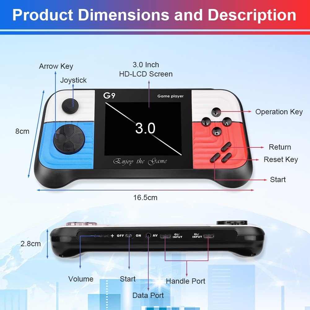 Consola de jocuri, portabila, cu 666 de jocuri, ecran HD de 3 &quot;0&quot;, conexiune TV, functia de vibratie a controlerului de joc, suport TV AV-out, din ABS, alb/albastru/rosu