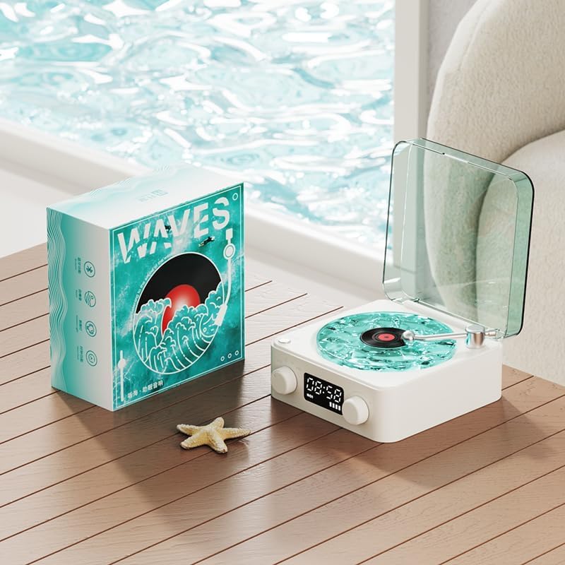 Boxa Portabila Vintage model Vinyl Timebox, cu Lumini, Proiectii de valuri si Timp Reglabil pentru Dormitor si Petreceri, Lampa de veghe tip proiector, AUX, Bluetooth, Card TF, Sunet Surround 360°, Alb