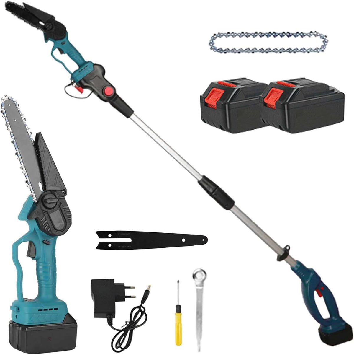 Set foarfeca gradina si mini drujba, 2 acumulatori 48V, cu brat 2.13m telescopic