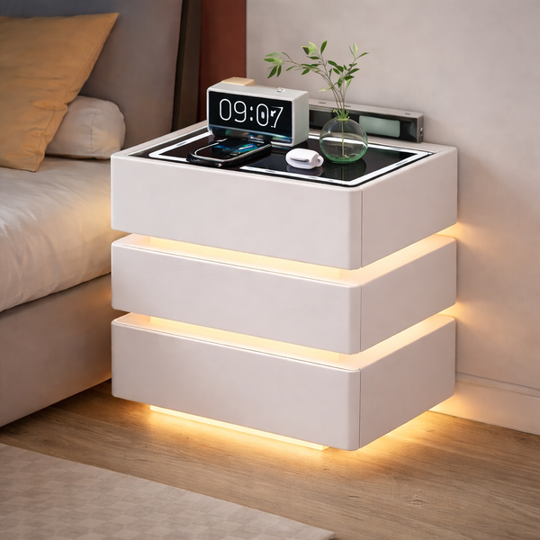 Noptiera inteligenta multifunctionala cu 3 sertare, LED tactil 3 culori, incarcare wireless, difuzor Bluetooth, incarcare USB, blat din sticla securizata,