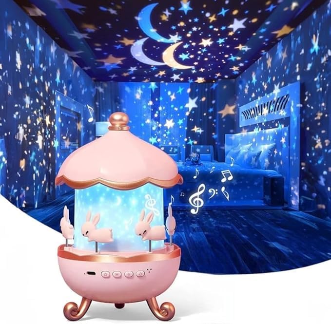 Carusel iepurasi cu proiectie stelara si rotire 360° – lampa veghe copii, 12 de moduri de lumina