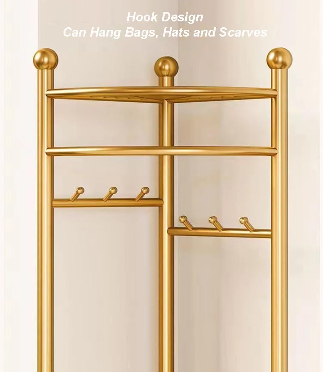 Cuier de colt multifunctional cu roti,metalic, auriu, 40 x 40 x 160 cm