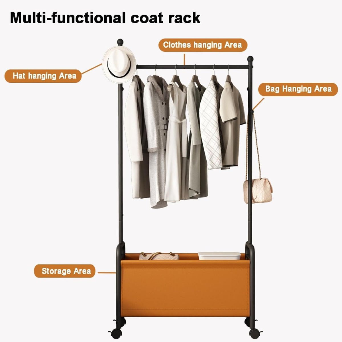 RESIGILAT - Suport portabil pentru umerase si haine, din otel carbon 7 carlige, 4 roti, si cos de depozitare, 168 x 80 x 37 cm