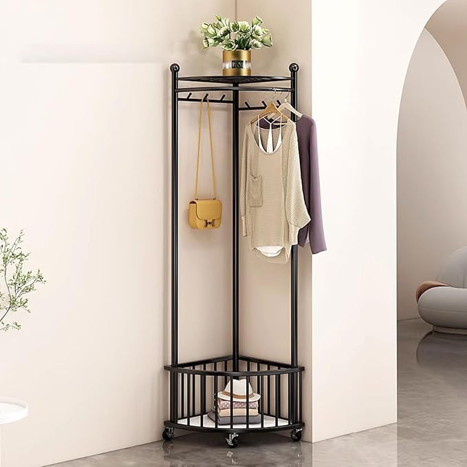 Cuier de colt multifunctional cu roti,metalic, auriu, 40 x 40 x 160 cm