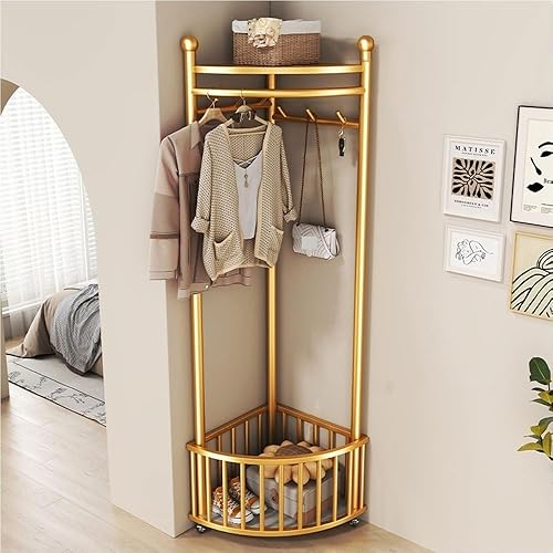 Cuier de colt multifunctional cu roti,metalic, auriu, 40 x 40 x 160 cm