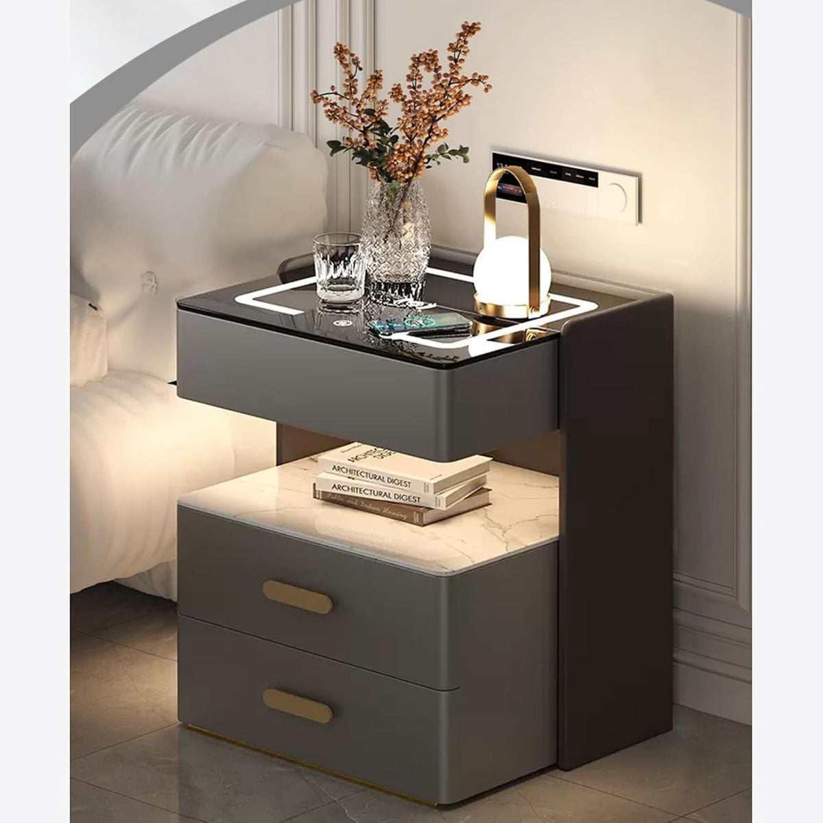 RESIGILAT - Noptiera inteligenta cu incarcare wireless, lumini LED reglabile, 3 sertare de depozitare, 50x40x56cm