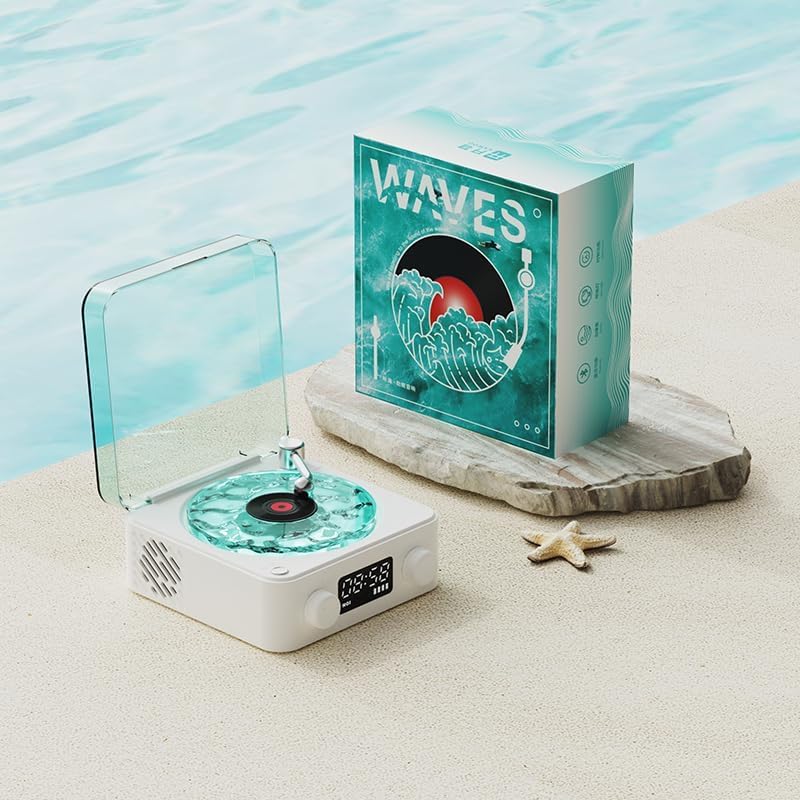 Boxa Portabila Vintage model Vinyl Timebox, cu Lumini, Proiectii de valuri si Timp Reglabil pentru Dormitor si Petreceri, Lampa de veghe tip proiector, AUX, Bluetooth, Card TF, Sunet Surround 360°, Alb
