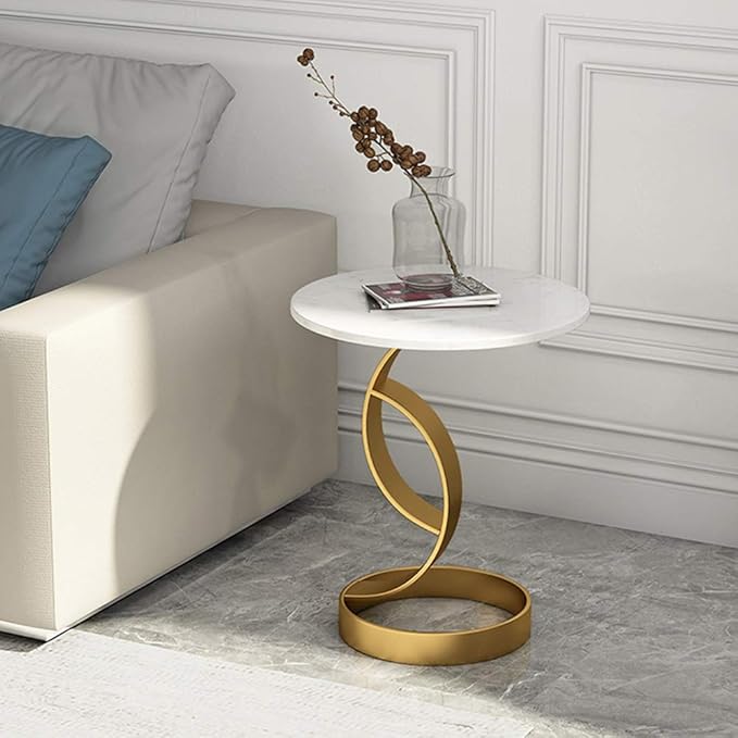 Masuta laterala moderna cu blat tip marmura si cadru metalic, design nordic slim, 50 x 33 x 55 cm