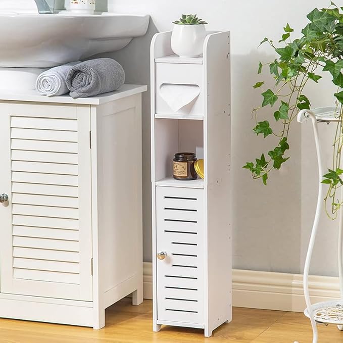 Dulap slim pentru baie cu suport hartie si 3 polite depozitare, alb, 80 cm x 17 cm x 15 cm