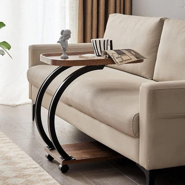 RESIGILAT - Masuta de cafea pentru living, design nordic in formă de C, cu 2 niveluri, pe roți 52x34x60cm