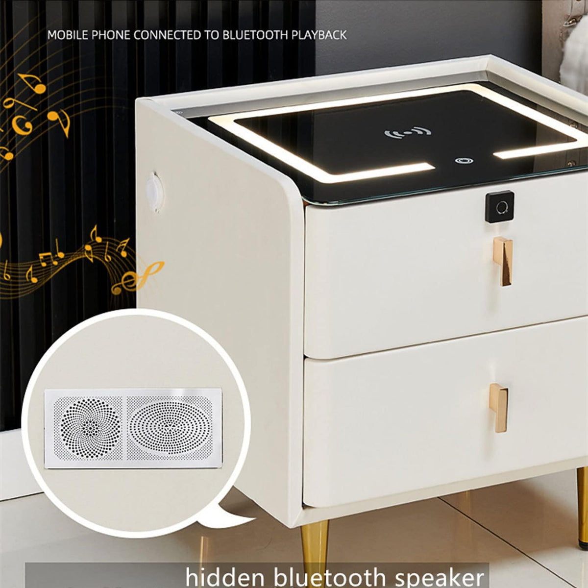 Noptiera Inteligenta Alba cu Incarcare Wireless USB si 2 Sertare - detaliu produs