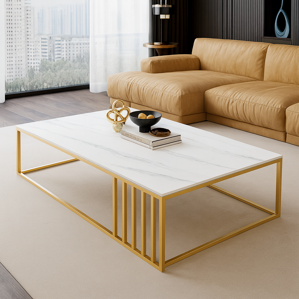 Masuta de cafea dreptunghiulara, minimalista, design nordic, aspect marmura alba, 120x60x43cm