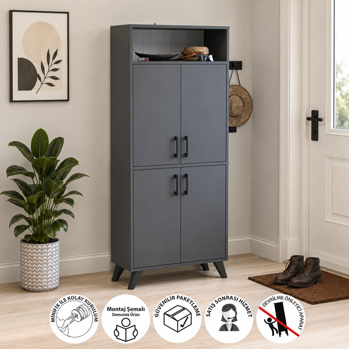 Pantofar modern 72x32x170 cm, cu 4 usi si 9 rafturi, pentru hol, intrare sau depozitare incaltaminte