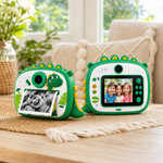 Aparat Foto Instant pentru Copii Model Dinozaur, cu Imprimare Termică, Cameră 12 MP și Ecran LCD – Roz/Verde
