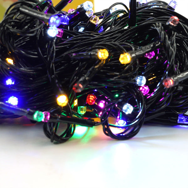 Instalatie de craciun muzicala, fir verde, tip sir, 100 led, lungime 10m, interior/exterior, interconectabila, alimentare la priza, multicolor