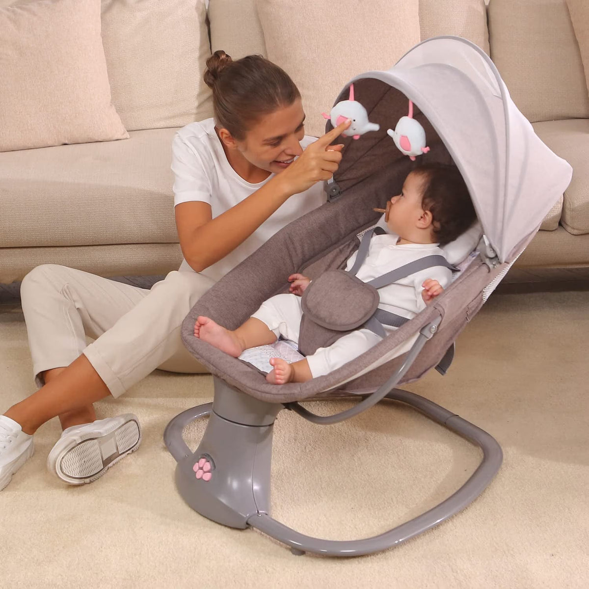 Balansoar copii 3 in 1, Electric, cu Plasa Tantari, Perna Detasabila, Jucarii, USB, Bluetooth, Telecomanda, 0-3 ani, Gri