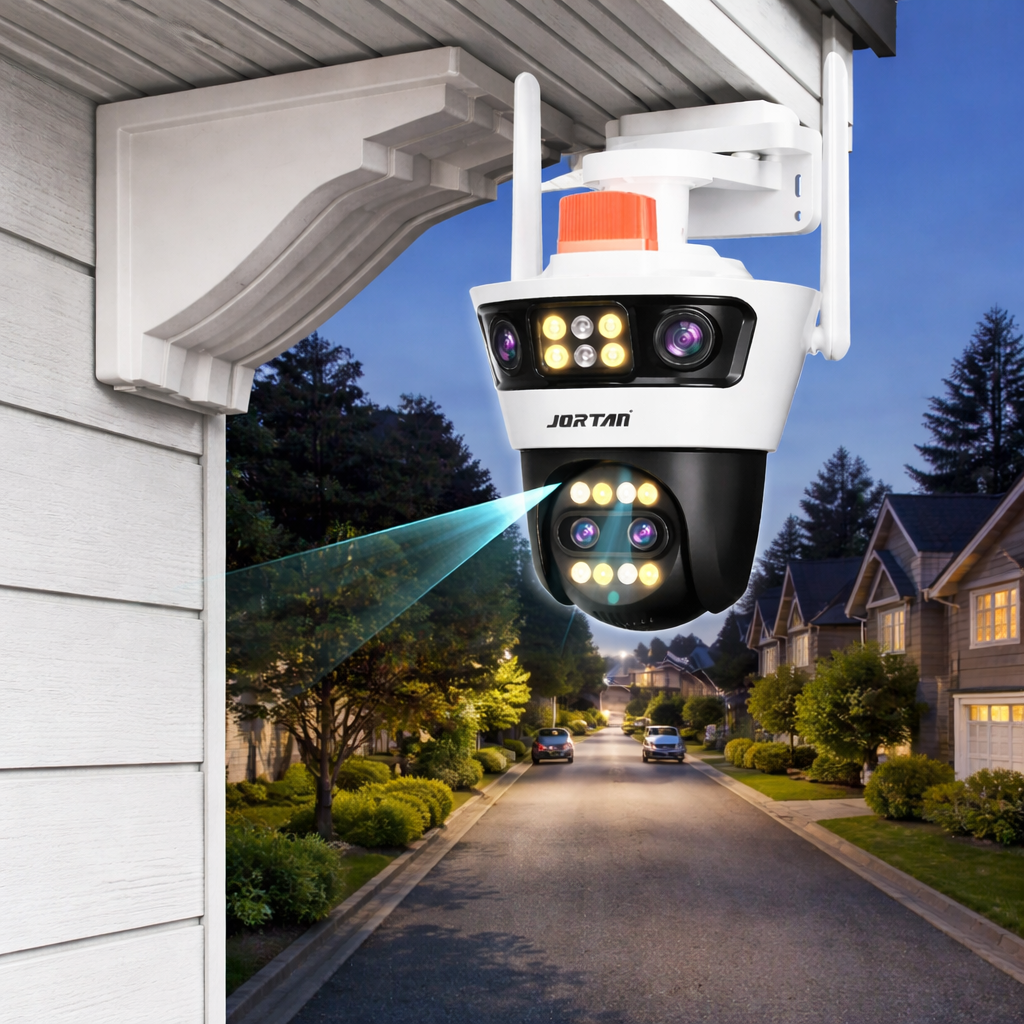 Camera supraveghere WiFi Jortan dubla 12MP PTZ, 4 lentile, vedere nocturna color, detectie miscare, audio bidirectional, IP66