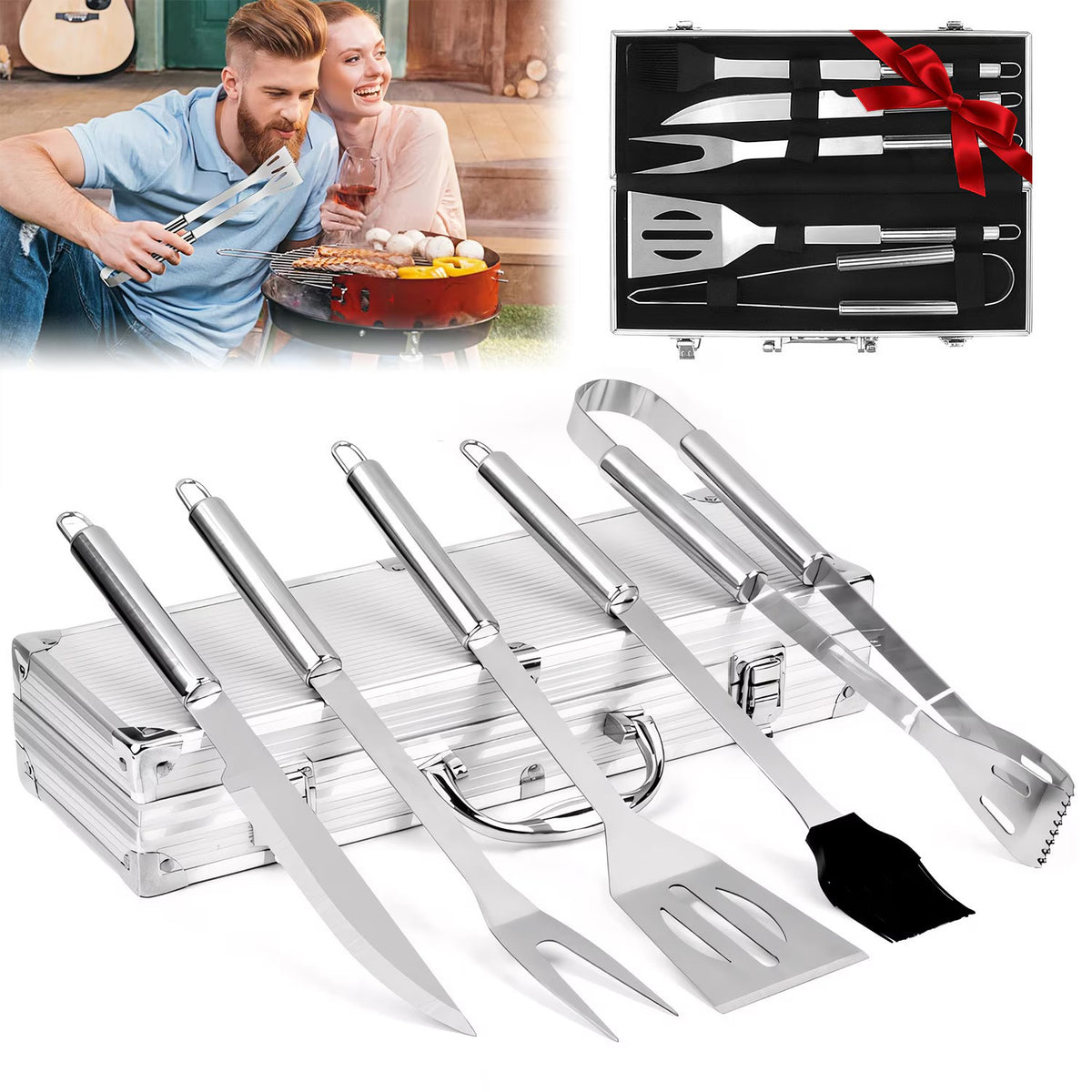 Set 5 Ustensile Gratar Otel Inoxidabil cu Cutie Depozitare Aluminiu - detaliu produs