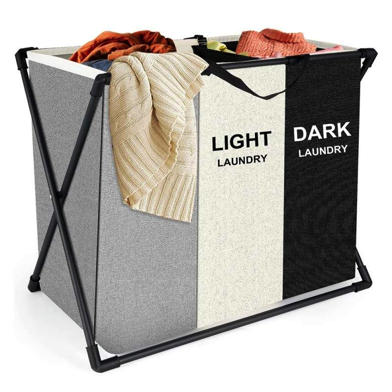 Cos de rufe murdare cu 3 compartimente, pliabil, pentru sortare si organizare haine la baie, material textil, cadru aluminiu, dimensiuni 62 x 34 x 56 cm