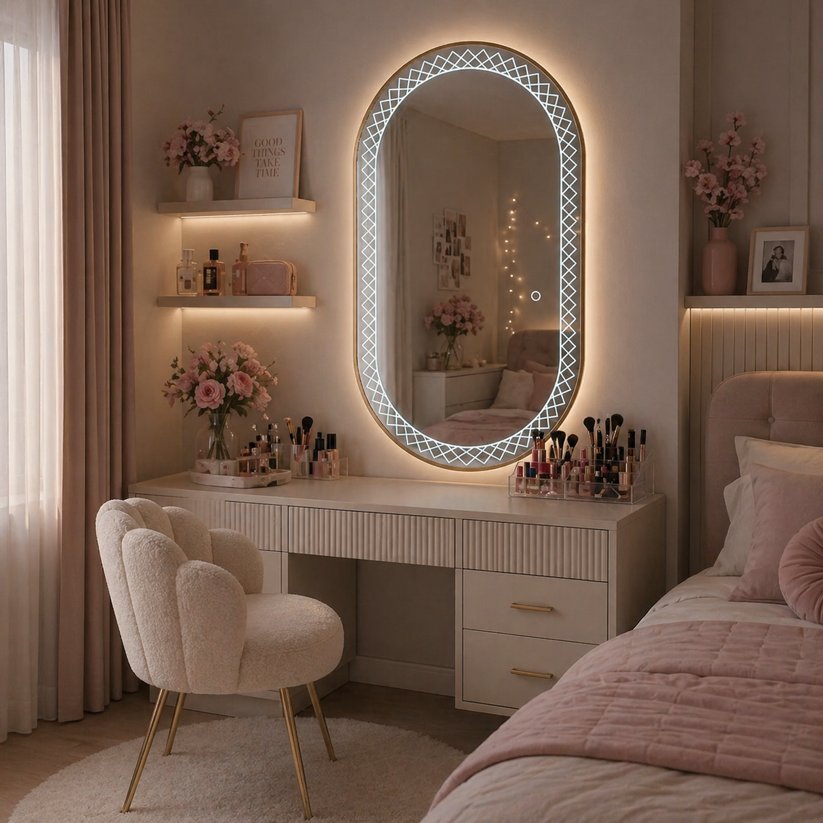 Oglinda LED Premium 120x70 cm Ovala Iluminare Ambientala 3 Culori Touch Design Elegant cu Model Decorativ