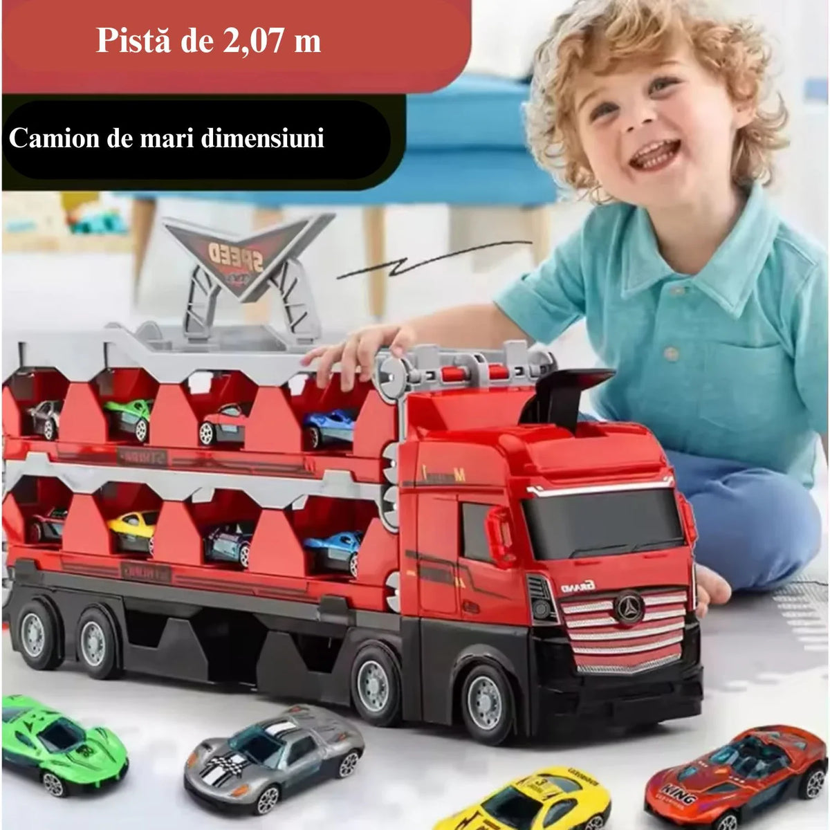Jucarie Set Camion Trailer pentru Transport Masinute de curse, Tir cu 6 Masini Incluse pentru Copii de 3,4,5,6 ani, Catapultare Vehicule, Platforma si Pista de curse, Prelungire 2.0m